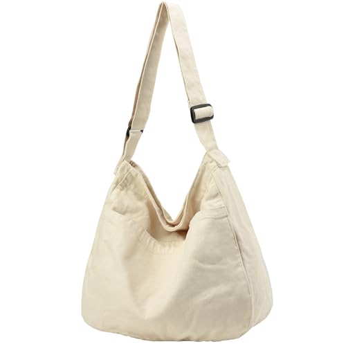 Canvas Tote Bag Casual Hobo Crossbody Shoulder Bag for Women and Men Large Purse Messenger Bag Travel Work - color: 1-b Beige
