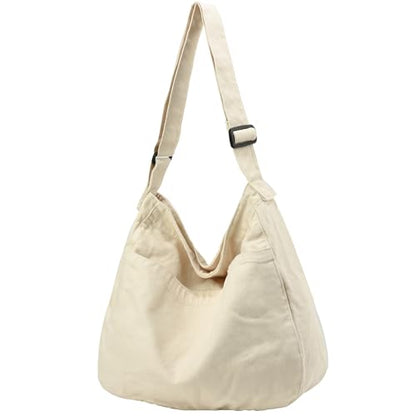 Canvas Tote Bag Casual Hobo Crossbody Shoulder Bag for Women and Men Large Purse Messenger Bag Travel Work - color: 1-b Beige