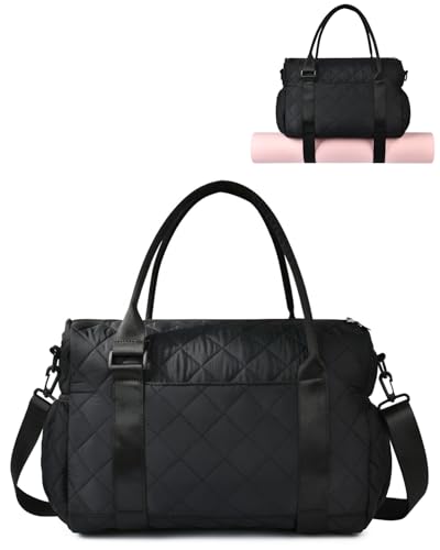 Gym Bag for Women with Yoga Mat Holder, Small Mini Gym Tote Bag Puffy Quilted Lightweight Sports Duffel Bag with Wet Compartment for Dance Yoga Workout Travel - Black - color: Black