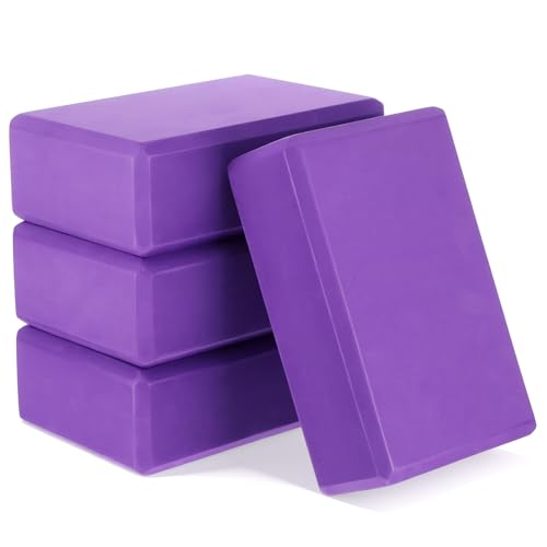 4 Pack High Density EVA Foam Yoga Blocks (9"x6"x3") - Non-Slip Lightweight Pilates Equipment for Stretching, Meditation & Balance Support (Purple)
