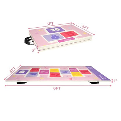 Kangaroo Hoppers Gymnastics Tumbling Mats Foldable Gym Tumble Mat for Kids - color: Pink-Hopscotch Design, size: 3×6FT×1''