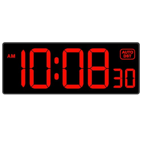 Soobest LED Digital Wall Clock with Seconds | Large Digital Clock Bold Numbers for Seniors, Plug Electric Clock Dimmable Large Display, Auto DST, Gym, 10 Inches - color: 10.2" Red