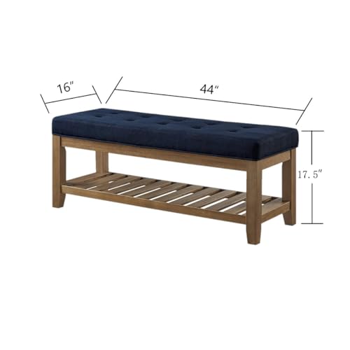 24KF Large Rectangular Upholstered Tufted Linen Fabric Ottoman Bench, Padded Bench with Solid Wood Shelf-Navy Blue - color: Navy Blue-bench, size: 15.8"D x 44"W x 18"H