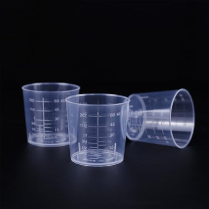 50 Pack 2 Ounce Epoxy Mixing Cups 60 ml Transparent Scale Cups, with 100 Pieces Wooden Stirring Sticks for Resin, Epoxy, Stain, Mixing Paint