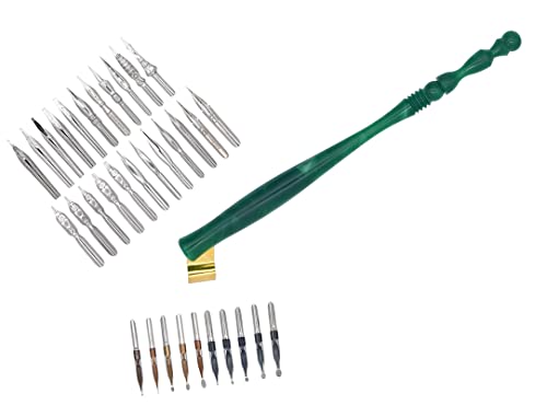 Gullor Oblique Calligraphy Dip Pen Nib Holder, Removable Nib Pen Handle Stand with 33 Nibs, Green - color: Green