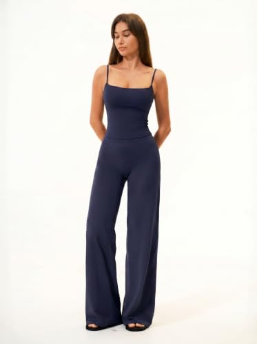 Womens Two Piece Workout Sets Spaghetti Straps Crop Top Matching Straight Leg Pants Gym Yoga Pilates Outfits - color: True Blue, size: Medium