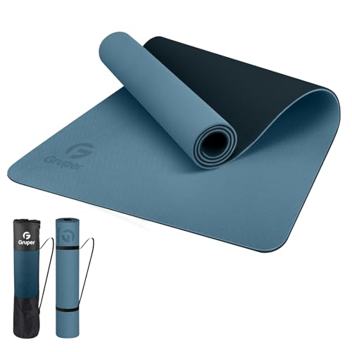 Gruper Yoga Mat Non Slip, Eco Friendly Fitness Exercise Mat with Carrying Strap,Pro Yoga Mats for Women,Workout Mats for Home, Pilates and Floor Exercises - color: Grey Blue / Black, size: 0.31*24*72 Inches