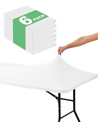 KeyWave Fitted Tablecloth Rectangle Table Cloths - 6 Pack 6 Foot Elastic Stretch Folding Table Top Cover Water-Resistant Reusable for Outdoor Picnic Camping Party Event, White, 72" L x 30" W - color: White, size: 6 ft - 6 Pack
