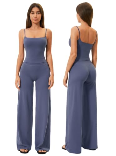 Womens Two Piece Workout Sets Spaghetti Straps Crop Top Matching Straight Leg Pants Gym Yoga Pilates Outfits - color: Granite Blue, size: Medium