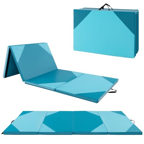 Giantex 4'x10'x 2" Gymnastics Mat, 4-Panel Folding Aerobics Exercise Mat w/Hook & Loop Fastener, Carrying Handle, Portable Tumbling Mat for Stretching Yoga Cheerleading Martial Arts - color: Light Blue/Blue