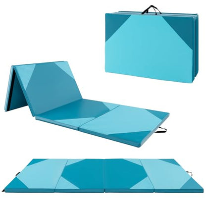Giantex 4'x10'x 2" Gymnastics Mat, 4-Panel Folding Aerobics Exercise Mat w/Hook & Loop Fastener, Carrying Handle, Portable Tumbling Mat for Stretching Yoga Cheerleading Martial Arts - color: Light Blue/Blue