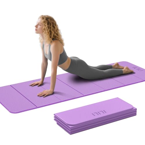 ILILI Foldable Yoga Mat 71 * 24 * 0.3 Inch | Lightweight TPE Non Slip Exercise Mat, Waterproof Portable Fitness Mat for Home Gym, Pilates, Stretching & Daily Workouts - color: Violet