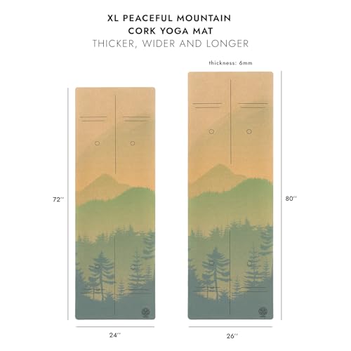 Cork Yoga Mat with Natural Rubber Base, Extra Size, Thickness and Support, Excellent Cushion & Grip, Non-Slip, Non-Toxic, Sweat-Resistant, Sustainable, Eco-friendly Exercise Mat - color: Peaceful Mountain, size: 80 x 26 x 6 mm
