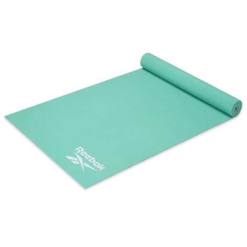 Reebok 5mm Solid Yoga Mat 68" x 24" Non-Slip, Lightweight, Foldable, and Durable Exercise Mat with Carry Strap for Home Workout, Yoga, Pilates, Fitness, and Outdoor Training - color: Cyber Mint