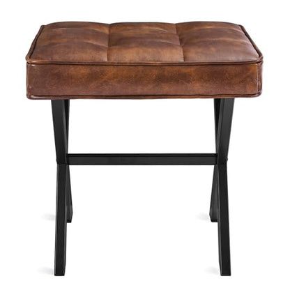 LUE BONA Vanity Stool, Square Faux Leather Makeup Stool with Metal X Legs, Small Ottoman Stool Chair for Vanity, Modern Padded Vanity Seat Foot Rest Stool for Makeup Room, Living Room, Reddish Brown - color: Reddish Brown