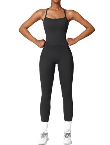 QBGJTD Womens Workout Sets Two Piece Cross Back Tank Top Matching High Waist Leggings Sets Gym Outfits Work Out Clothes - color: Black, size: Large