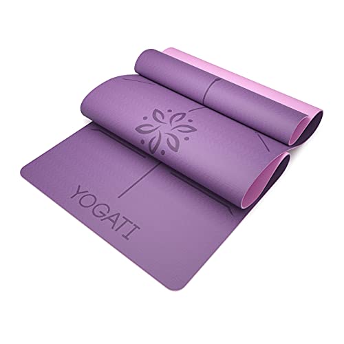 YOGATI® Yoga Mat with Strap with Alignment Lines. Home Workout Mat for Women, Men and Kids. Thick Non Slip Yoga Mat for Pilates and Fitness. Brown, Pink and Purple Yoga Mats - color: Purple