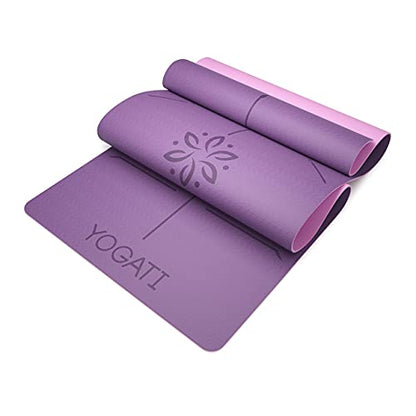 YOGATI® Yoga Mat with Strap with Alignment Lines. Home Workout Mat for Women, Men and Kids. Thick Non Slip Yoga Mat for Pilates and Fitness. Brown, Pink and Purple Yoga Mats - color: Purple
