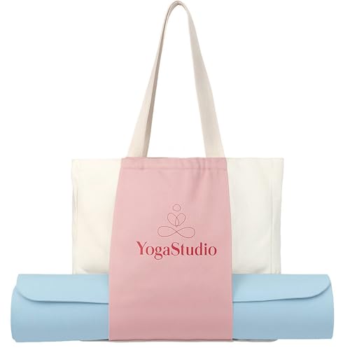 Large Canvas Yoga Tote Bag with Yoga Mats Bags Carrier - color: Beige & Pink