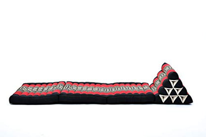 Leewadee - Comfortable Japanese Floor Mattress - Thai Floor Bed with Triangle Cushion - Futon Mattress - Thai Massage Mat, 67 x 21 inches, Black Red, Kapok Filling | Floor & lounge cushion for relaxing, reading & TV - for meditation & yoga, firm & stable