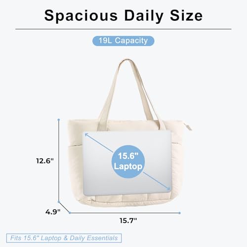 U+U Puffer Tote Bag for Women, Quilted Work Tote with Compartments | Work-to-Travel Design with Yoga Mat Strap - color: Cream