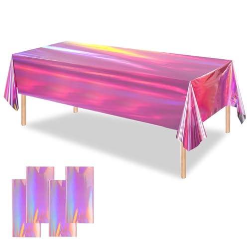 OQOQ Iridescent Pink Table Cloths (4 Packs) - 54x108 Inches Rectangular Plastic Table Cover Disposable Tablecloth Birthday Decorations Waterproof Foil Tablecloth Bachelorette Party Disco Party - color: Pink