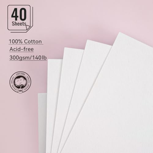 LIGHTWISH Watercolor Paper Bulk, 100% Cotton Cold Press 300gsm/140lb, 2 Pack, Total 40 Sheets A5 Hole-Punched Replaceable Paper for Artists, Adults,Students,5.8 * 8.2 Inches