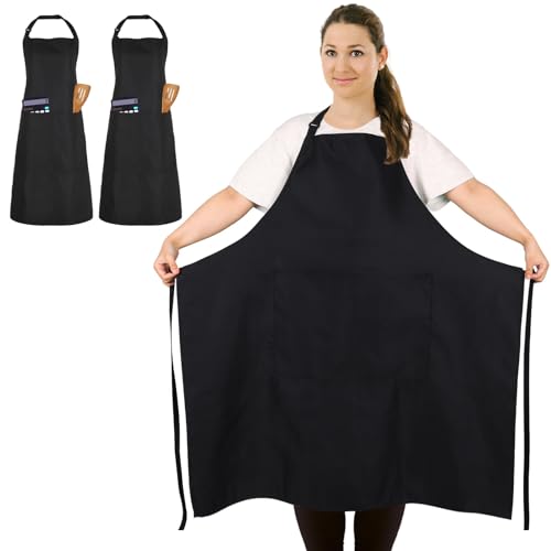 2 Pack Plus Size Waterproof Cooking Chef Apron with 2 Pockets for Men Women | Extra Large Design, Adjustable Neck Straps, Long Waist Ties, Professional Bib Aprons for Kitchen, Grilling, Gardening, Baking - color: Black