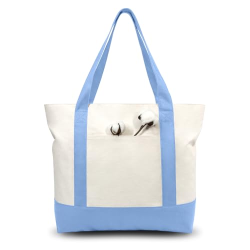TOPDesign 1-Pack Canvas Tote Bag with an External Pocket, Reusable Grocery Shopping Bag, Top Zipper Closure, Daily Essentials (Light Blue/Natural) - color: Light Blue/Natural