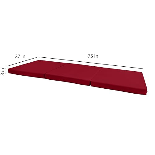 D&D Futon Furniture Trifold Foam Beds, Floor Tri-Fold Bed, Foldable Shikibuton Mattress Cushion Topper Mat for Space Saving Sleepover 3x27x75 in, Red