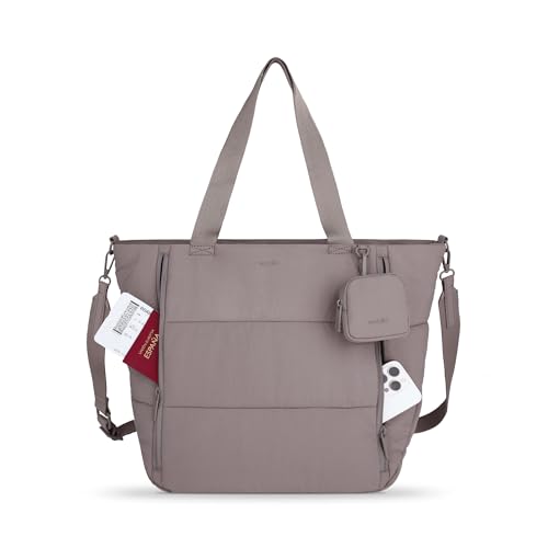 Puffer Tote Bag - Work Bags for Women with Mini Pouch Bundle with Laptop Pocket - Pilates Bag - For Travel, Work, Gym - color: Mauve Taupe