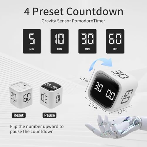 Productivity Timer Flip Gravity Sensor Cube Timer Countdown & Countup,Mute & Vibrate & Sound，5/10/30/60min & Custom Timing, Perfect for ADHD,Work,Learning,Kitchen Cooking (1White) - color: White