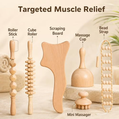 Ciieeo 6 Pcs Wood Therapy Massage Tools Set Wooden Roller Stick Massage Cups Therapy Tools for Body Shaping Office Fatigue Relief Circulation Support