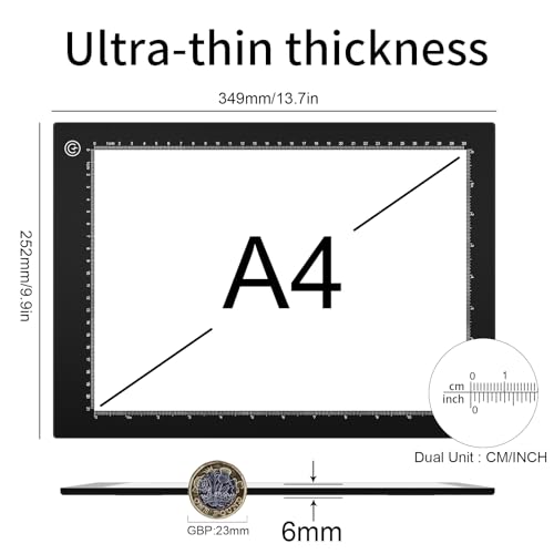 Light Box Drawing Pad A4, Tracing Board with Type-C Charge Cable and Brightness Adjustable for Artists, AnimationDrawing, Sketching, Animation, X-ray Viewing (A4-PS)