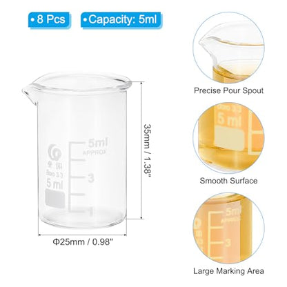 PATIKIL 5ml Low Form Measuring Cup, 8 Pcs 3.3 Borosilicate Glass Beaker Graduated Measuring Pitcher with Spout for Lab Experiment, Cooking and Baking, Clear