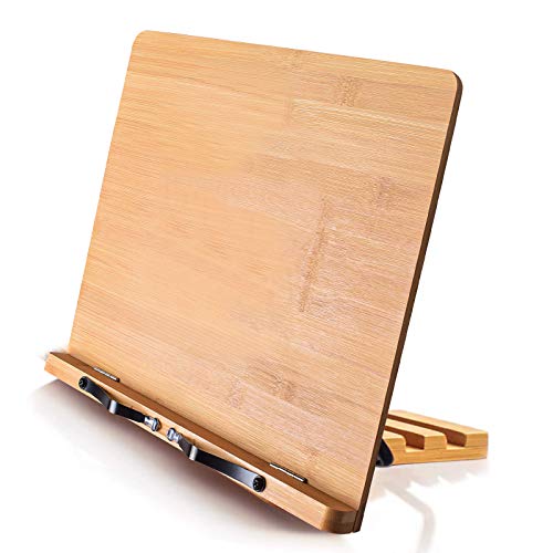wishacc Bamboo Book Stand for Reading, 13.2" x 9.2" Premium Wooden Cookbook Holder and Recipe Stand for Kitchen Counter, Foldable Adjustable Desk Easel with 5 Angles for Textbooks, Sheet Music, Tablet - size: 13.2 x 9.2 inches