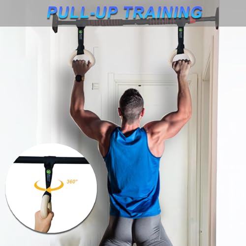 J Bryant Fitness Wooden Gymnastic Rings - Pull Up Grips & LAT Pull Down Gym Handles Design, Sturdy Webbing Straps with D-Rings, Pilates, Strength Training, and Portable Fitness - Includes Carry Bag