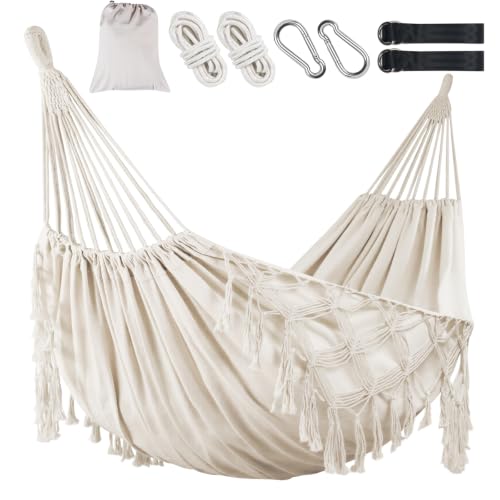 Brazilian Style Double Hammock with Fringe, 2 Person Patio Hammock for Backyard & Indoor Relaxation, Soft Breathable Fabric, Easy Setup with Straps & Carry Bag, 360 lbs Capacity - color: White