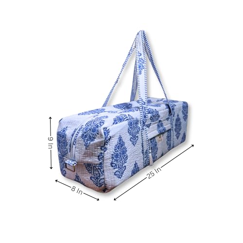 Large Capacity Handblock Printed Yoga Mat bag for Women, Gym Bag, Fits Yoga Blocks, Adjustable strap, Pilates, Gym, Fitness Block & Gear, Light and Durable - color: Neel Butta