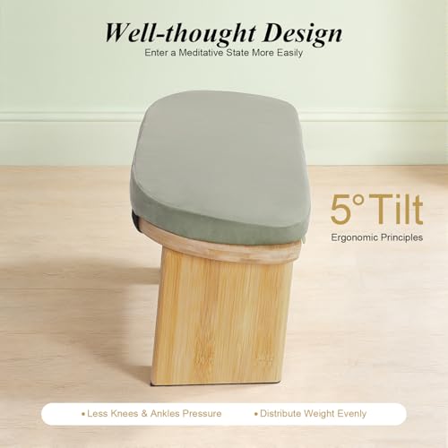 Folding Bamboo Meditation Bench, Ergonomic Portable Kneeling Meditation Stool with Soft Meditations Cushion Comfortable Foldable Prayer Bench for Deep & Longer Meditations (Green) - color: Green