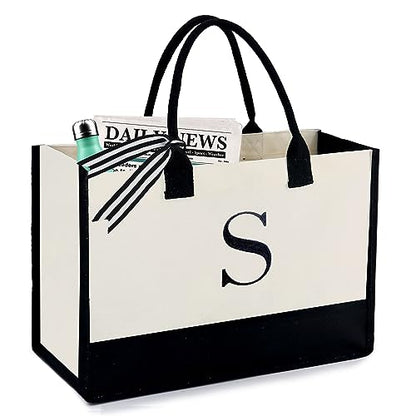 BeeGreen Embroidery Monogram Initial Tote Bag for Women Teacher Mom Friend Personalized Gift for Birthday Beach Work Wedding - color: Natural & Black, style: S