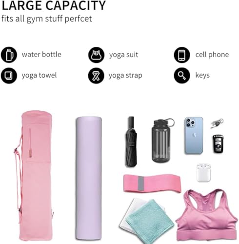 Cotton yoga mat bag with Pockets and Adjustable Strap - Full Zip Cargo Yoga Mat Carrier Bag - Bag for 1/4" 1/3" Thick Yoga Mat - color: Pink, size: XL