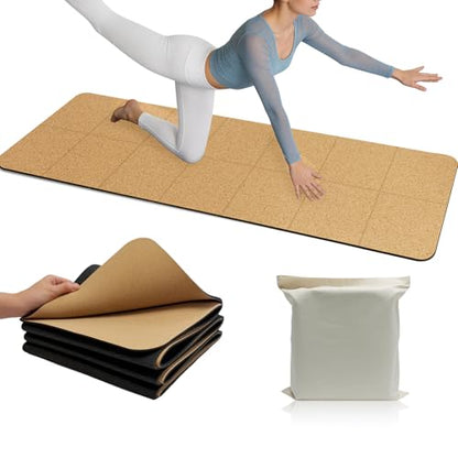 LILXIU Foldable Cork Yoga Mat 72 * 24 in 4 mm Thick Sweat Resistant with Rubber Base Hot Yoga Mat with Storage Bag Lightweight Grip Mats for Travel and Pilates Fitness Home Workouts