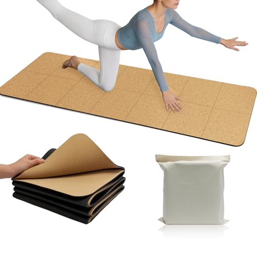 LILXIU Foldable Cork Yoga Mat 72 * 24 in 4 mm Thick Sweat Resistant with Rubber Base Hot Yoga Mat with Storage Bag Lightweight Grip Mats for Travel and Pilates Fitness Home Workouts