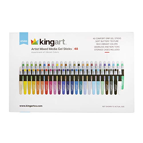 KINGART Mixed Media Gel Stick Crayons, Vibrant, Set of 48-Colors | Water-Soluble Gel Crayons, Smooth Blend, Works on Paper, Wood & Canvas, Odorless, Non-Toxic, Storage Case Included