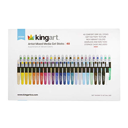 KINGART Mixed Media Gel Stick Crayons, Vibrant, Set of 48-Colors | Water-Soluble Gel Crayons, Smooth Blend, Works on Paper, Wood & Canvas, Odorless, Non-Toxic, Storage Case Included