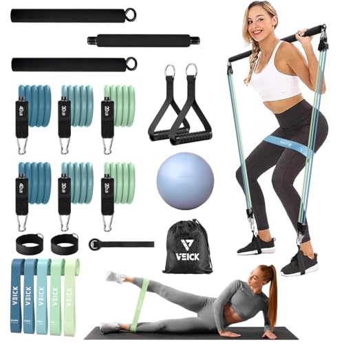 VEICK Pilates Bar with Resistance Bands, Handles, Ankle Straps, Door Anchor - color: Blue + Ball