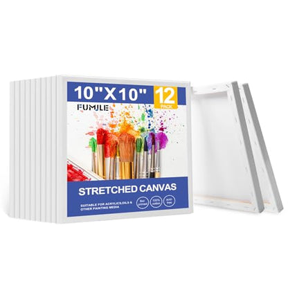 FUMILE Stretched Canvas for Painting 10x10, 12 Pack Square Canvases for Painting-5/8 in Profile Primed White Blank Painting Canvas Value Pack for Oil & Acrylic Paint - size: 10x10 in