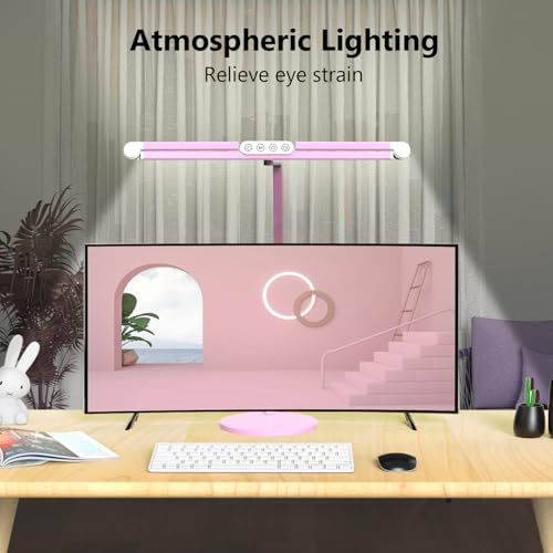 Led Desk Lamp with Base, Adjustable Tall Architect Desk Light for Home Office with Flexible Swing Arm, 24W Pink Bright Table Lamp Auto Dimming Computer Light for Workbench - color: Pink