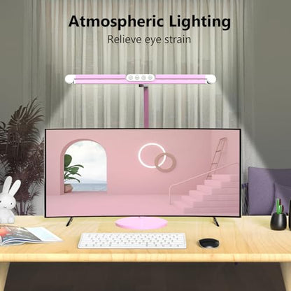 Led Desk Lamp with Base, Adjustable Tall Architect Desk Light for Home Office with Flexible Swing Arm, 24W Pink Bright Table Lamp Auto Dimming Computer Light for Workbench - color: Pink
